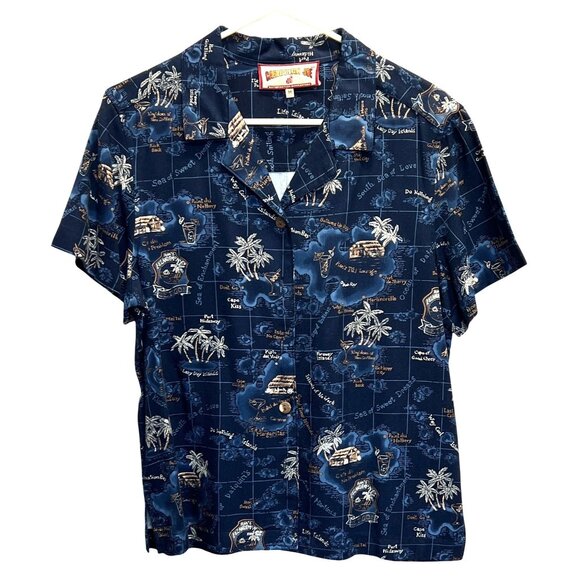 Caribbean Joe Youth Navy Blue Tropical Print Button-Up Shirt Medium 100% Rayon. - Picture 1 of 4